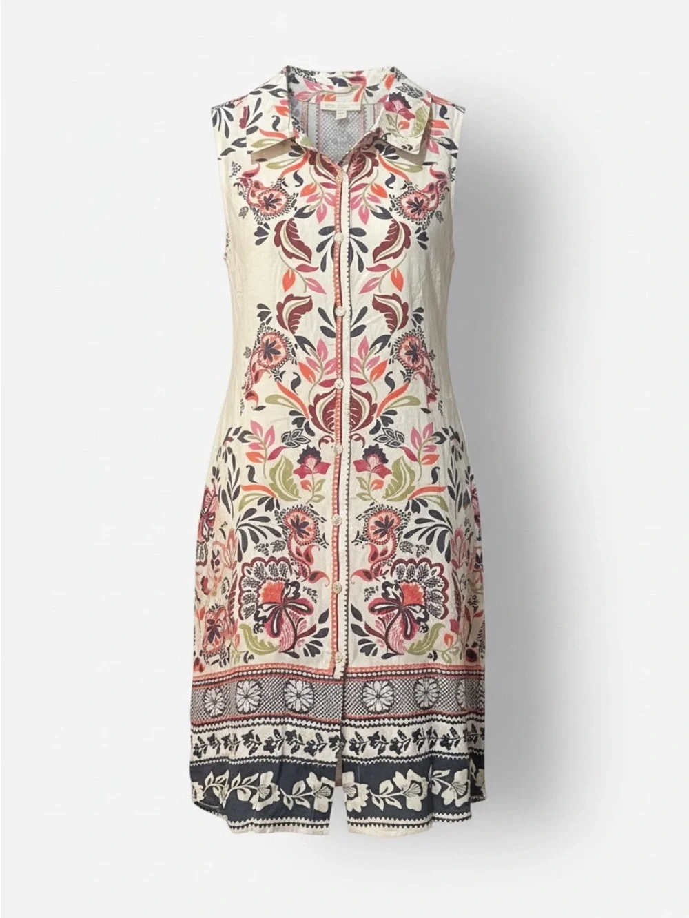 Fig & Flower linen Sleeveless A Floral Midi Dress in Cream and Multicolor NEW